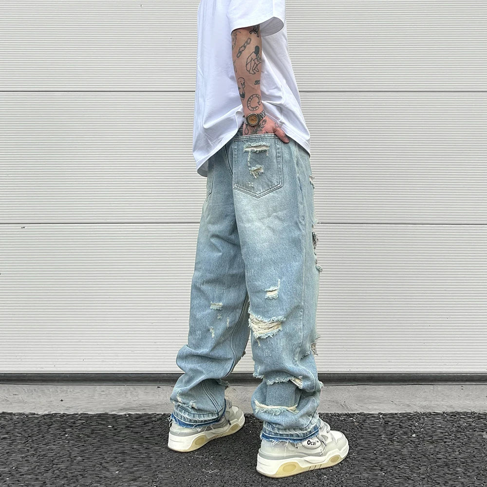 Hearujoy Washed Blue Oversized Torn Jeans for Men Streetwear Hip Hop Large Destroyed Wide Leg Jeans Baggy Straight Ripped Denim Pants