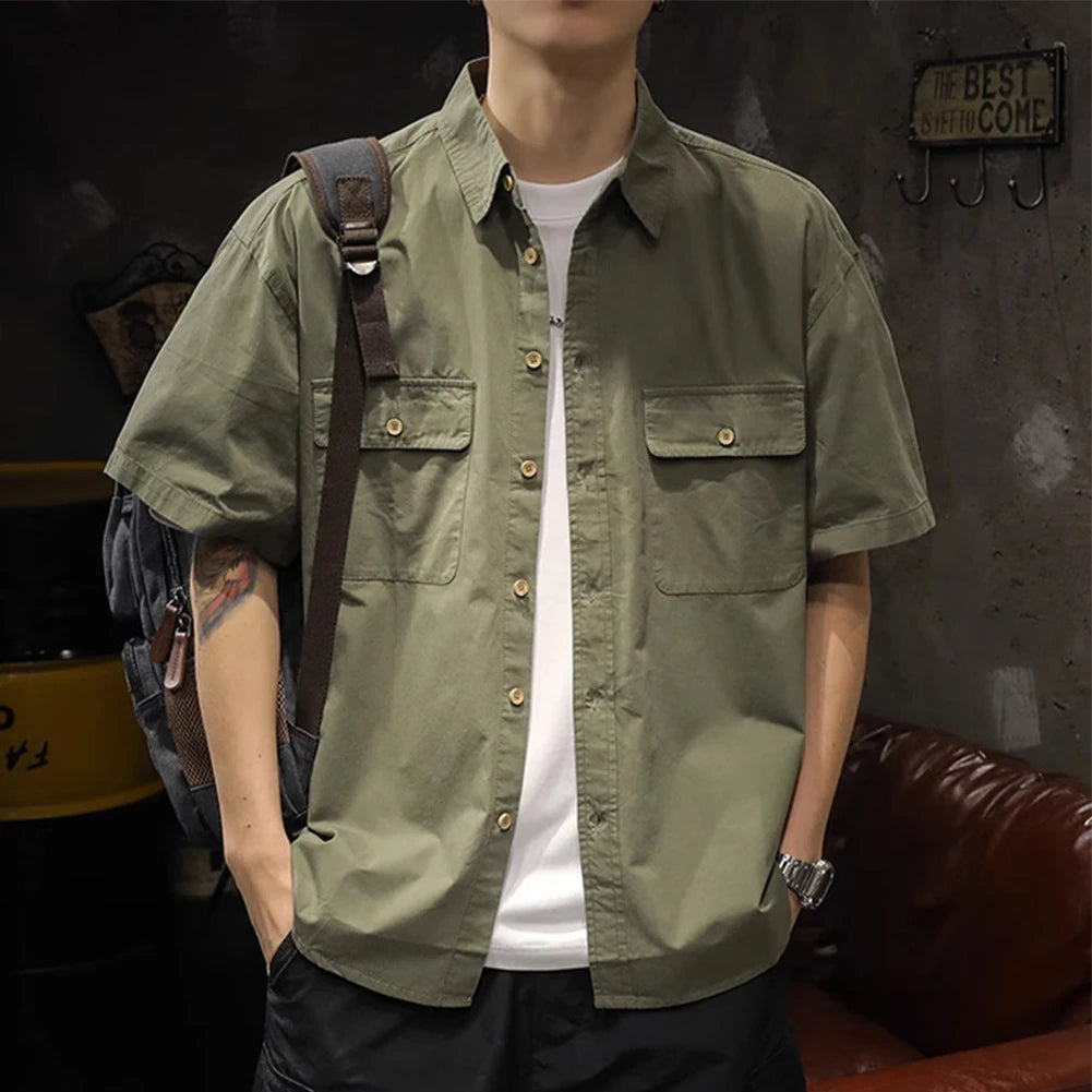HEARUJOY  -  Button Down Shirt Army Green Men\'s Casual Shirt Cargo Style Daily Casual Use Brand New Condition Pockets Design