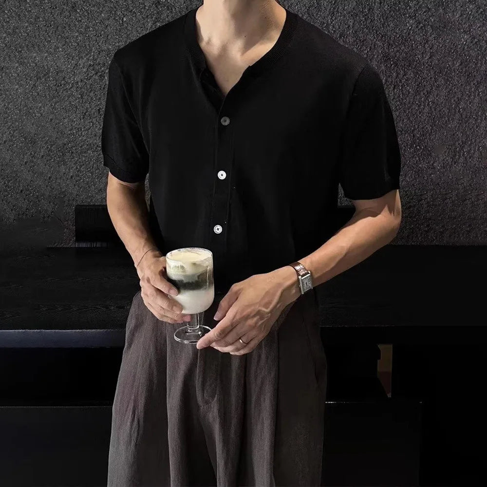 HEARUJOY  -  Mens Shirt Knitted Casual Shirt Summer Daily Solid Color Simple Versatile Soft Comfortable Short-Sleeve Top Men'S Clothing