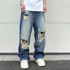 Hearujoy Hip Hop Washed Knee Hole Baggy Wide Leg Casual Jeans for Men Y2K Ripped Loose Distressed Denim Trousers Oversized Cargo Pants