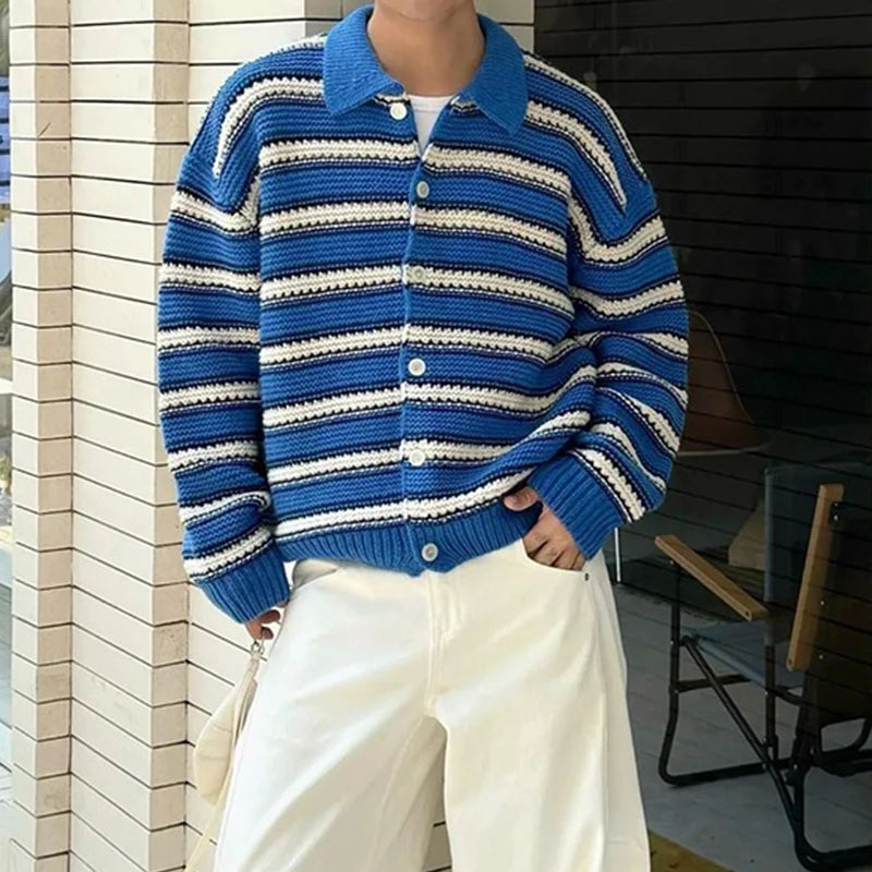 HEARUJOY  -  Vintage Striped Crochet Mens Sweater Jackets Casual Button-up Turn-down Collar Knit Cardigans Men Spring Autumn Fashion Sweaters