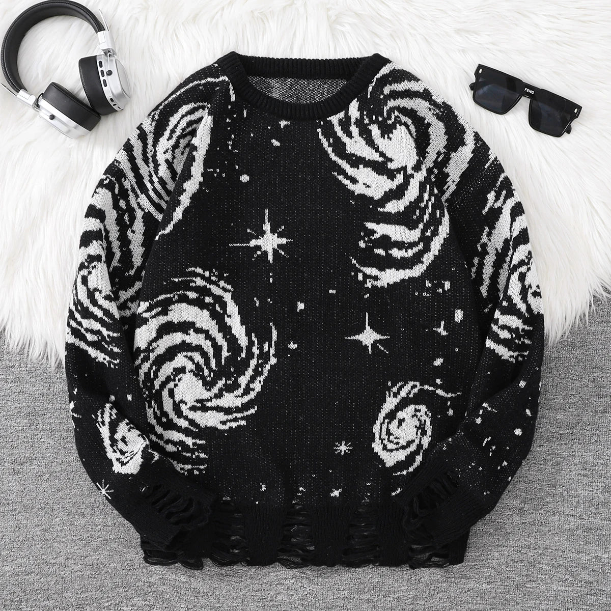 HEARUJOY  -  New Popular Street Ripped Abstract Starry Sky Pattern Pullover Ripped Sweater Casual Round Neck Knitted Men's Pullover