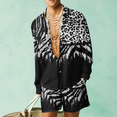 HEARUJOY  -  3D Leopardl Print Men Beach Suits Long Sleeve Lapel Shirts And Shorts Two Piece Set Fashion Hawaiian Casual Loose Outfits