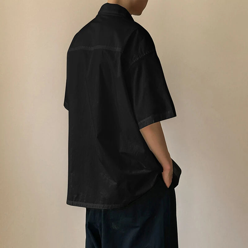 HEARUJOY  -  Men's Shirts Casual Line Design Turn-down Collar Short Sleeved Single Breasted Simple Loose Male Clothing Simple