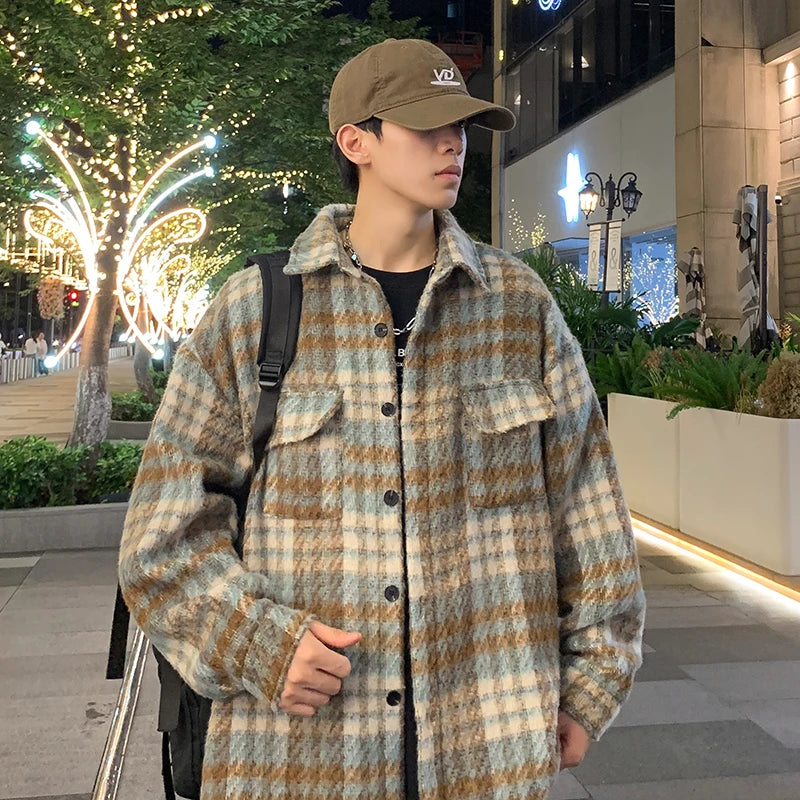 Hearujoy Winter Woolen Coat Men Warm Retro Thick Plaid Woolen Jacket Men Streetwear Korean Loose Short Woolen Coat Mens Thicken Jackets