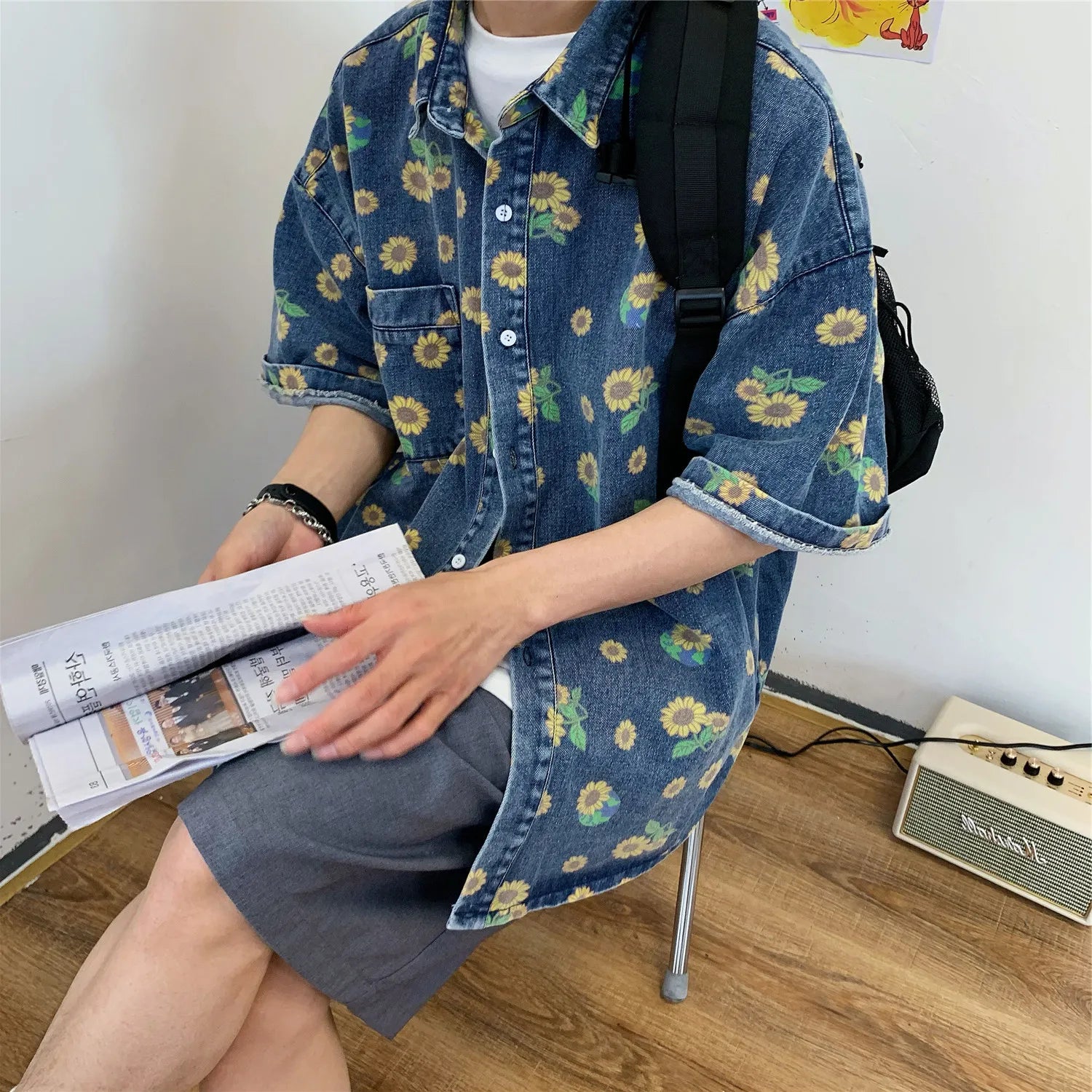 HEARUJOY  -  Summer Men Vintage Denim Shirts Short Sleeve Floral Printed Blouse Casual Loose Male Jean Coats Single-breasted Pocket Tops