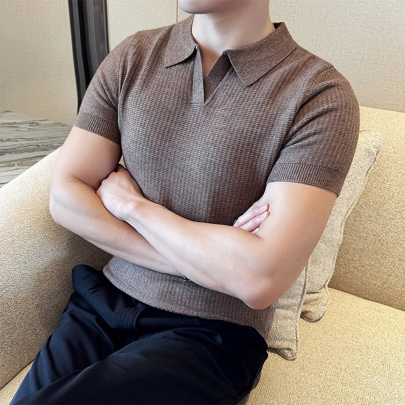 HEARUJOY  -  New Fashion Business Tops Men's Polo Shirt Light Luxury Leisure Knitted V Neck T-shirts for Man Korean Popular Short Sleeve Tees