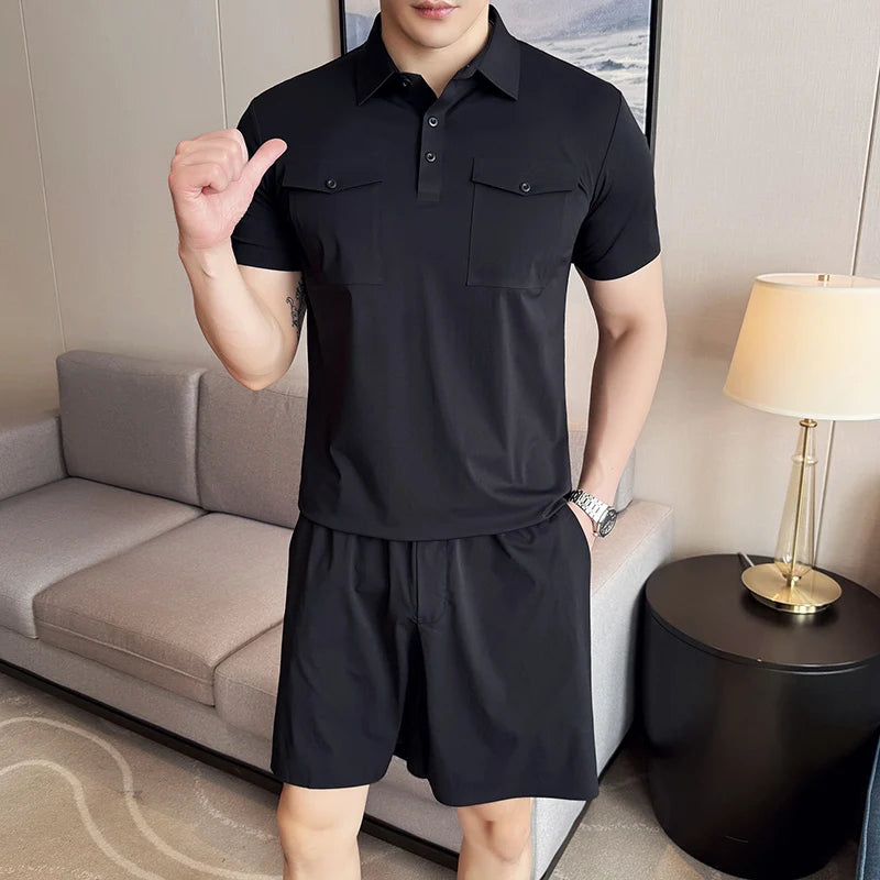 HEARUJOY  -  (Polo Shirt + Shorts) Plain Color Man Sets High Quality Breathable Elastic Short Sleeve Polos T Shirt And Knee Length Shorts Men