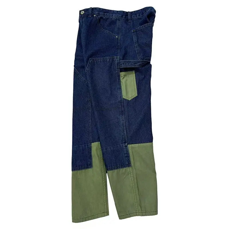 HEARUJOY  -  High Street Patchwork Jeans Men Loose Multi Pocket Cargo Pants Spring Autumn Fashion Vintage Straight Denim Trousers Streetwear