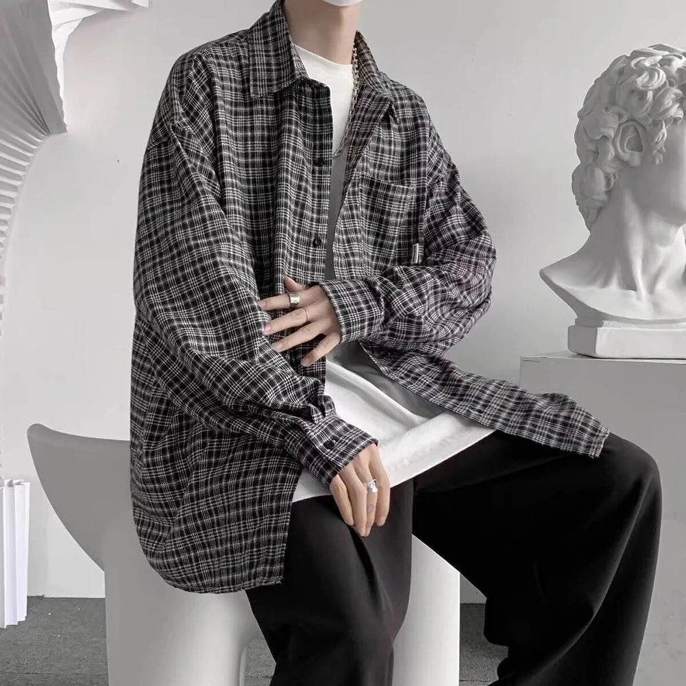 HEARUJOY  -  2XL Mens Plaid Shirt Lapel Shirt All Seasons Buttoned Closure Long Sleeves Slight Stretch Shirt For Daily Wear