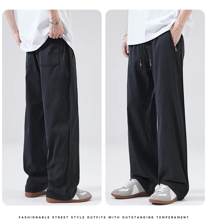 HEARUJOY  -  Men's Summer Casual Pants Men Trendy Loose Fit Versatile Wide Leg Draped Straight Long Trsouers Elastic Waist