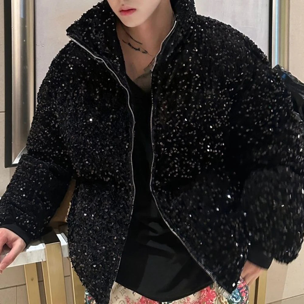 Hearujoy Mens sequin casual jacket genderless 2024 new autumn winter fashion personality street trend youth thickened jacket unisex