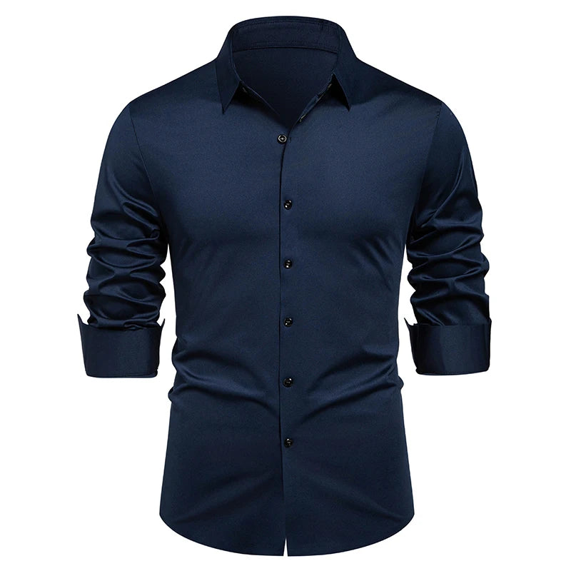 HEARUJOY  -  Men's Elastic Spring and Autumn New Long Sleeve Shirt Anti-wrinkle Free Ironing Business Comfort Breathable Slim Men Dress Shirt