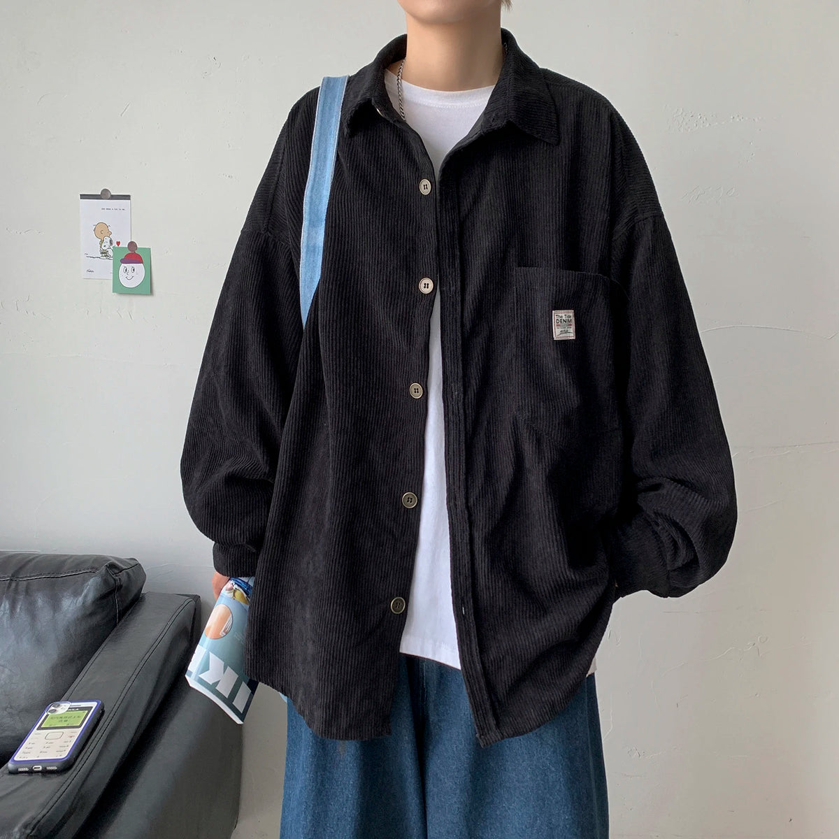 HEARUJOY  -  Men's Corduroy Long Sleeve Shirts Autumn Korean Shirt Woman Fashion Casual Oversize Shirt Printed Clothing Streetwear 3XL