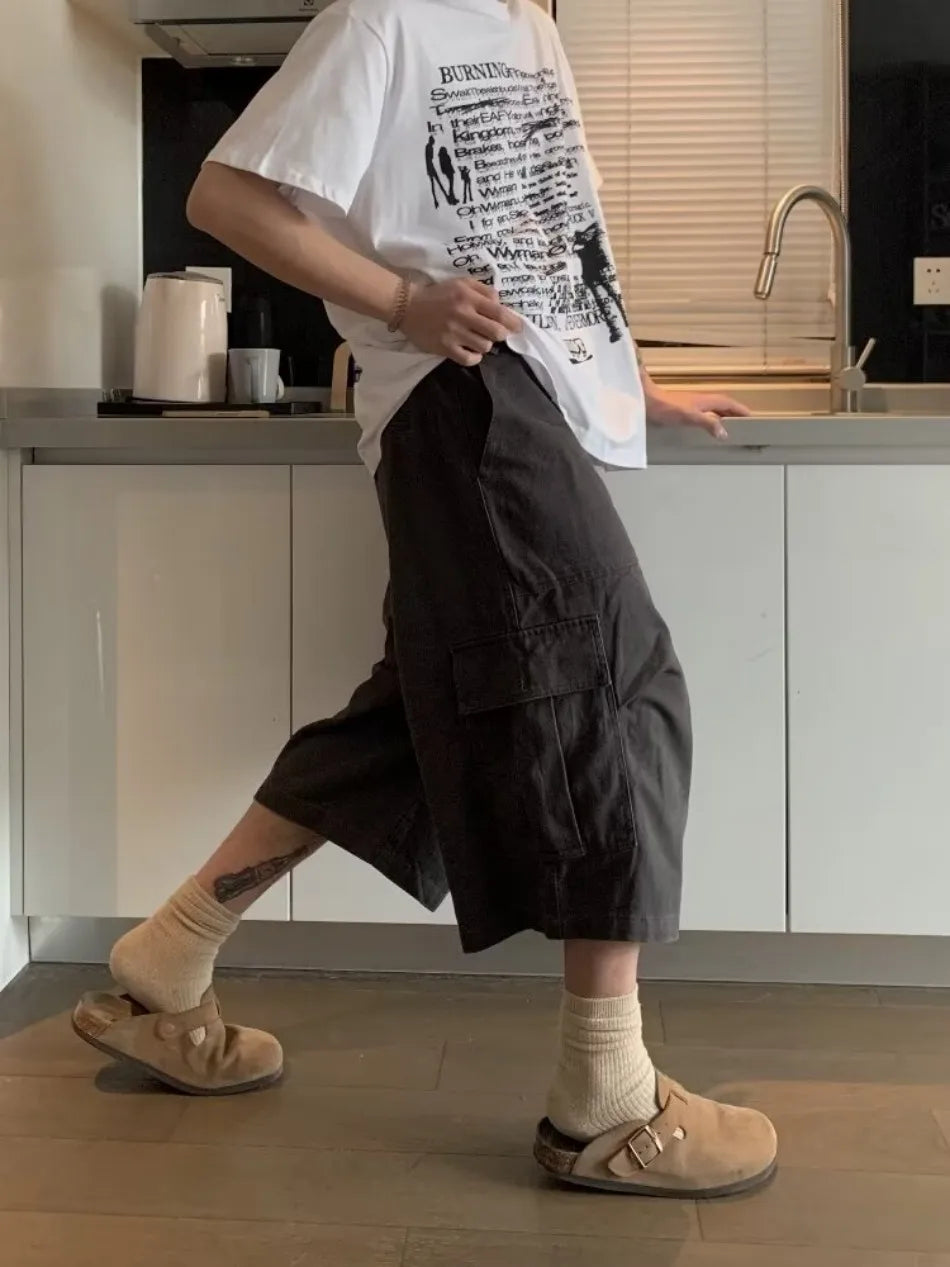 HEARUJOY  -  Cargo Cropped Pants Mens Summer New Multiple Pockets Casual Wide Leg Tooling Shorts Street Retro Paratrooper Overalls Thin