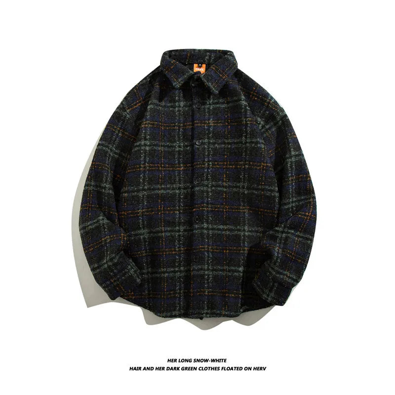 HEARUJOY  -  Japanese Retro Woolen Plaid Shirt For Men Autumn Winter Long Sleeved Top Fashion Vintage Shirts Coat Trendy Clothing Streetwear