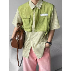 HEARUJOY  -  Fake Two Pieces Summer New Men's Turn-down Collar Button Spliced Pockets Striped Letter Shirt Short Sleeve Trendy Loose Tops