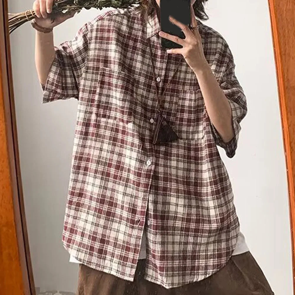 HEARUJOY  -  Plaid Shirt For Men Casual Couple Loose Mens Shirt Polyester Fabric Slight Stretch All Seasons Applicable Male