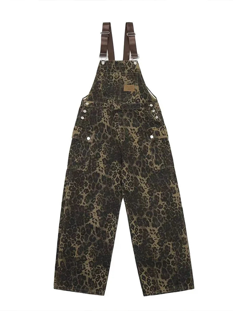 Hearujoy Cargo Leopard Jumpsuit for Men Streetwear Hip Hop Punk Loose Bodysuits Overalls Male Animal Print Pocket Pants