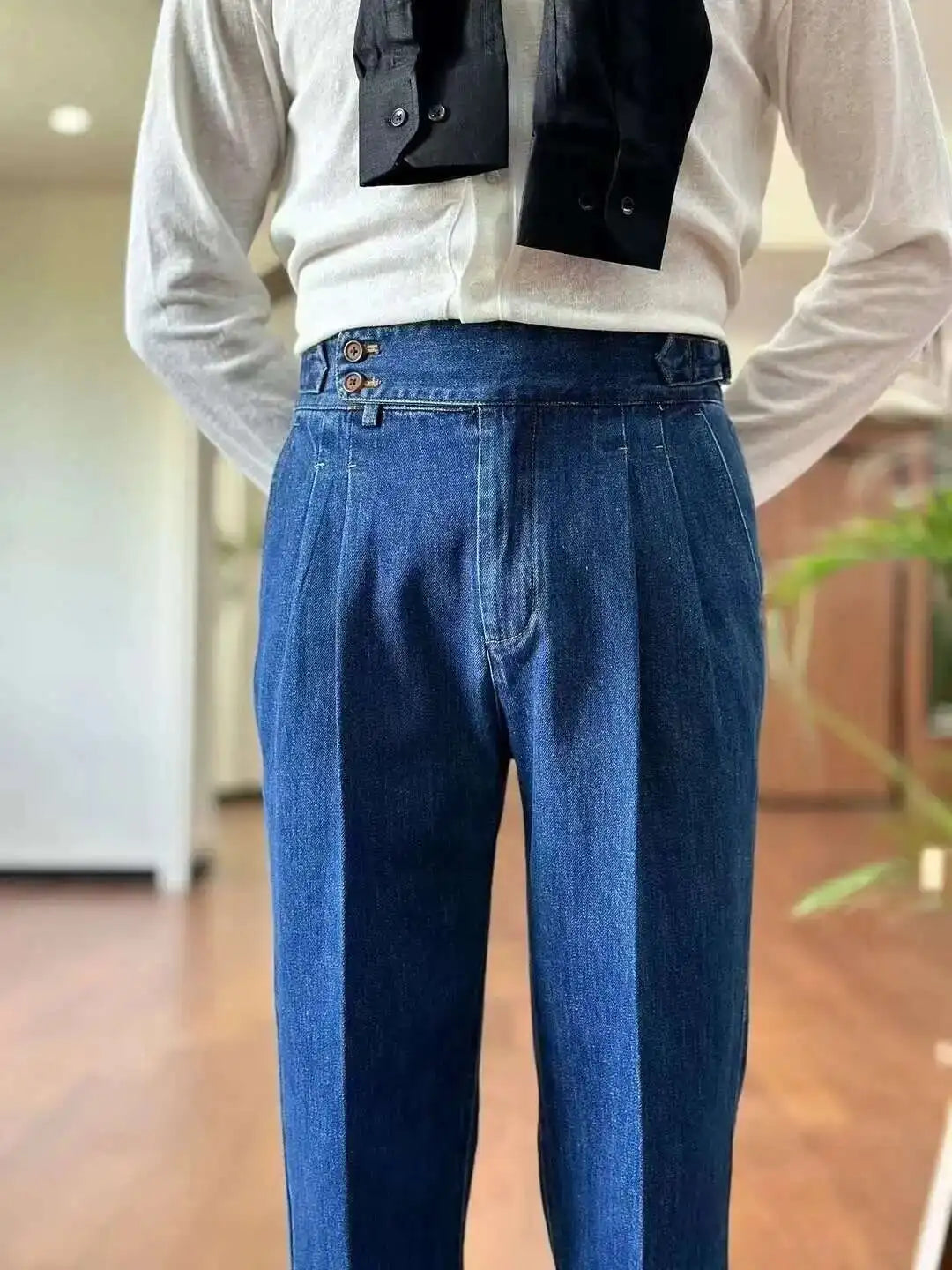 HEARUJOY  -  High Quality Double Pleated Jeans Straight Leg Pant Naples Straight Tube Loose Washed High Grade Business Pant Men Dress Trouser
