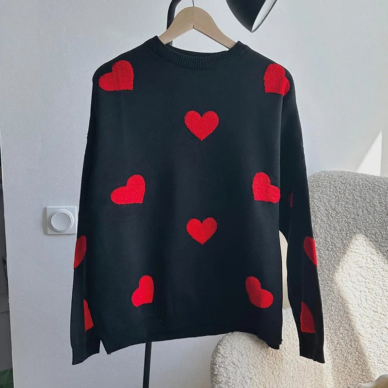 Hearujoy European and American Solid Color Love Round Neck Knitted Sweater Autumn and Winter Women Sweet Cute and Fresh Popular Sweaters