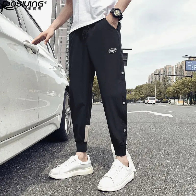 HEARUJOY  -  Stylish Men's Spring-Autumn Snap Closure Casual Pants with Trendy Matching, Slim Fit, and Color-Block Harem Style