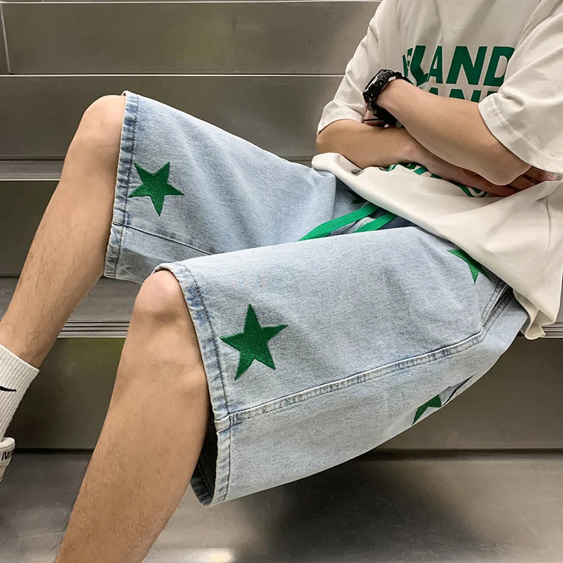 Hearujoy Men's Street Hip-hop Denim Shorts Fashion Brand Star Print Loose Wide Leg Capris Summer Versatile Fashion Casual Pants