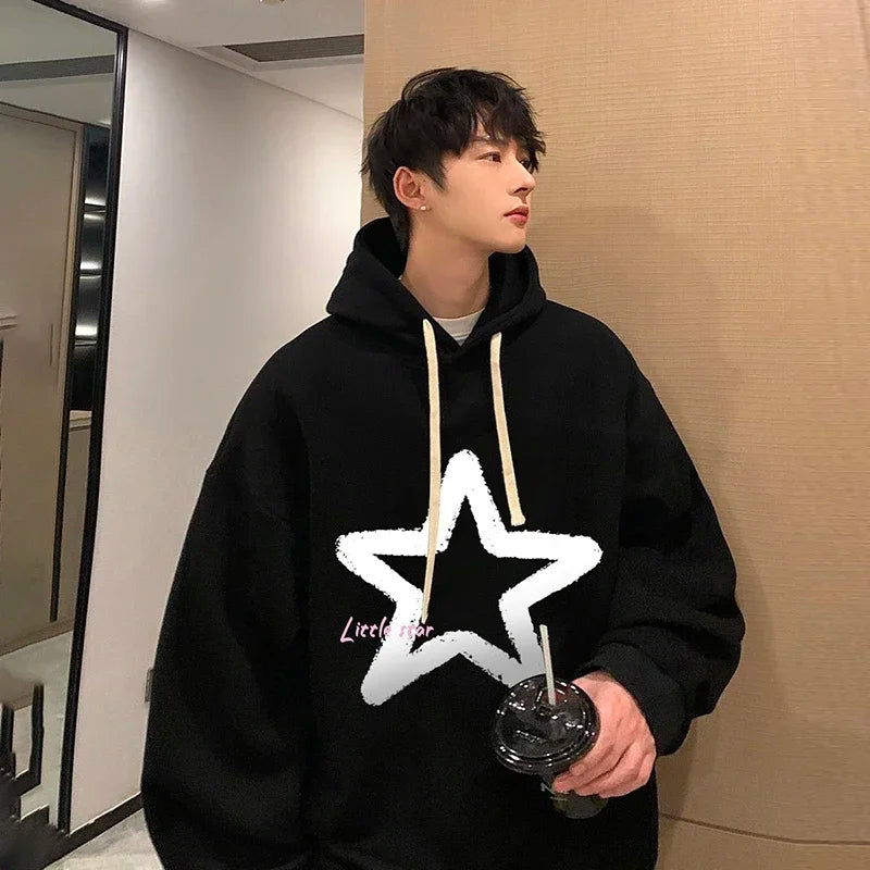 HEARUJOY  -  Men's Oversized Hoodie Off White 5XL Hoodies with Hat Over size for Men Star Print Man Casual Wear Hoody Male Sweatshirt