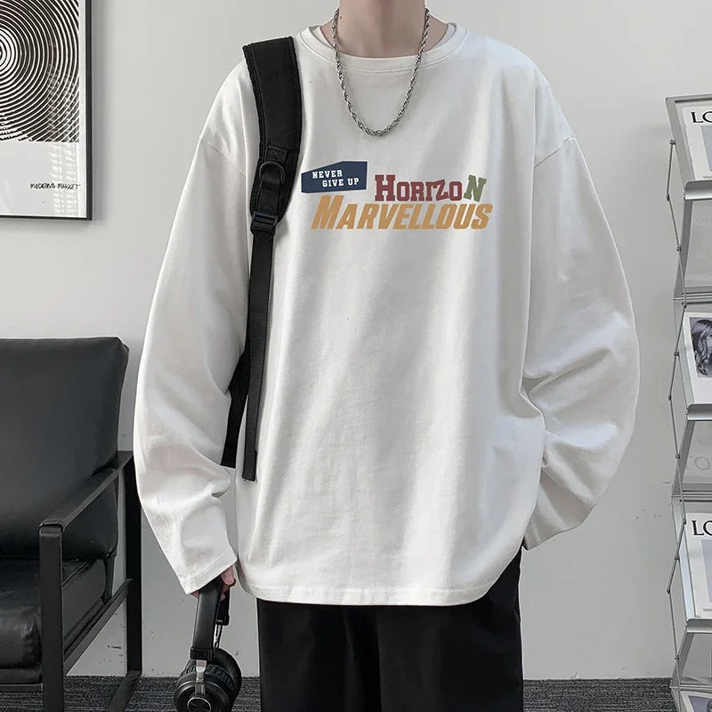 HEARUJOY  -  Men's Cotton Plain T-shirts White Full Sleeves Fashion Mens Oversized T Shirt 5XL Casual Wear Letter Print Tee Shirts for Men