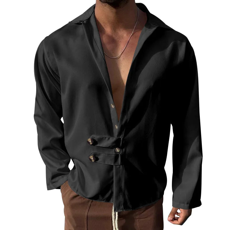 HEARUJOY  -  Men's Spring and Autumn Long Sleeve T-shirt Casual Loose Cardigan Lapel Button Down Shirt