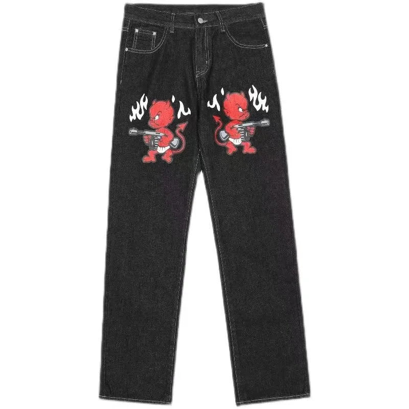 Hearujoy Y2K Gothic Skull Embroidered Baggy Jeans for Men Harajuku Women High Waist Wide Leg Straight Pants Punk Grunge Trendy Streetwear