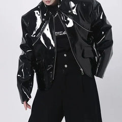 Hearujoy Mens Jacket Shiny Leather Jacket Handsome Performance Stage Outfit Autumn Elegant British Excellent Patent Leather Jacket