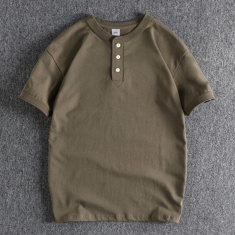 HEARUJOY  -  American Minimalist Tough Guy Style Mens Henry Neck Short Sleeved T-shirt 300G Washed Combed Cotton Comfortable Solid Color Tops