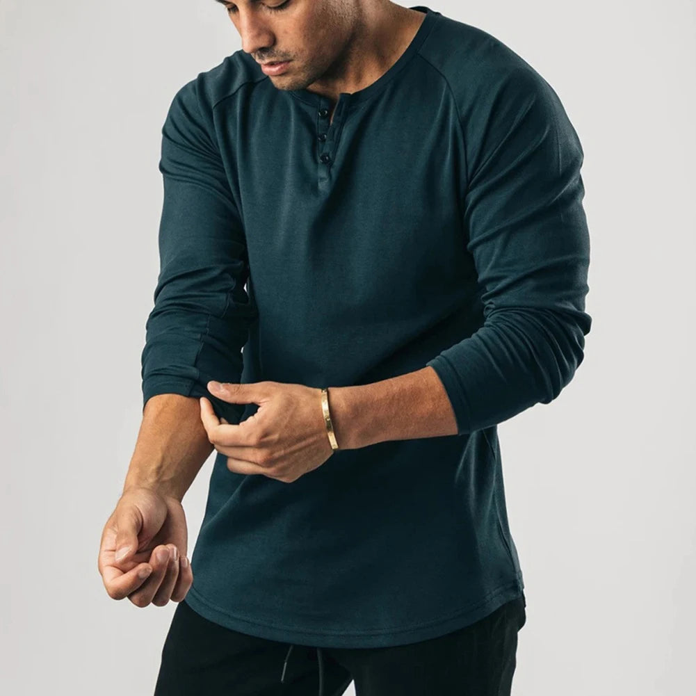 HEARUJOY  -  Fashion New T-Shirt Mens Elastic Henley Grandad Long Sleeve Pullovers Slim Fit Solid Color Undershirt V Neck Tops