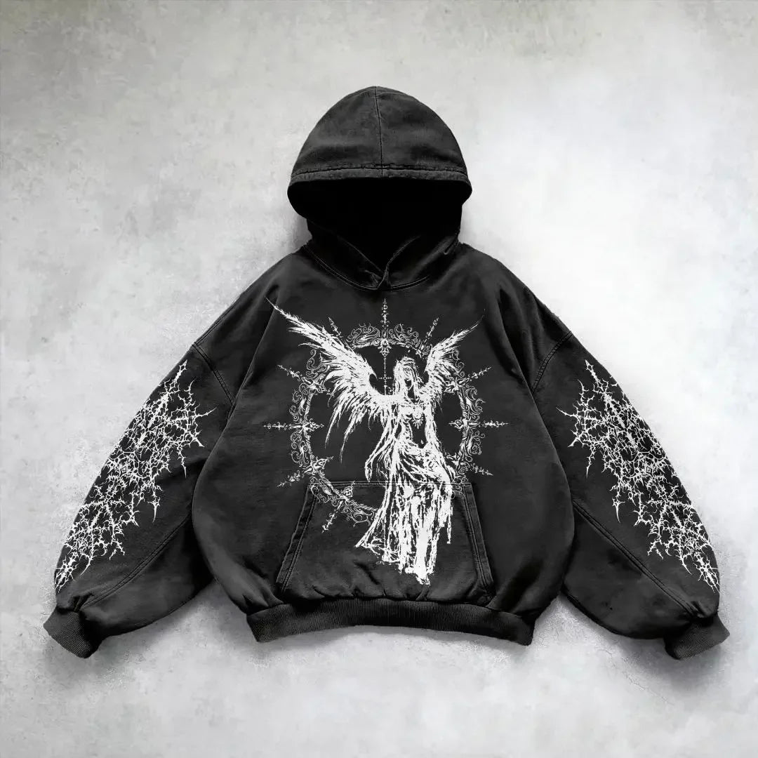 Hearujoy American Gothic Fashion Harajuku Y2K Vintage Punk Solid Color Printed Men Casual Hoodie Couples Casual Hoodie sweatshirt