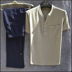 HEARUJOY  -  Summer Comfortable Short-Sleeved Button Shirt Sets Men's Solid Color Shirt Shorts Suit Men's Cotton Linen Casual Suit