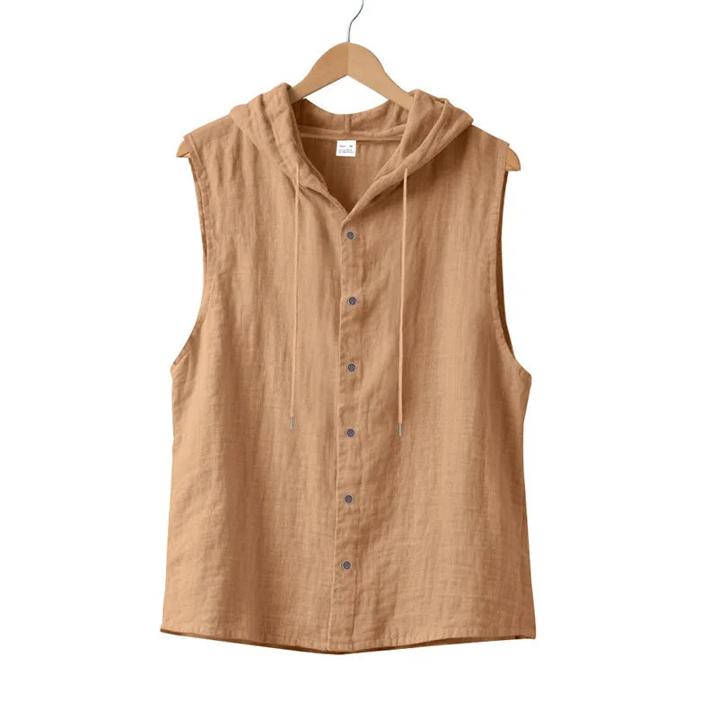 HEARUJOY  -  Summer Men's Casual Sleeveless Hooded Shirt, Linen Hooded Solid Color, Breathable and Loose Top
