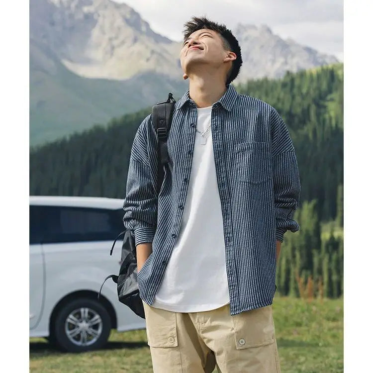 HEARUJOY  -  Spring Autumn Fashion Washed Striped Denim Long Sleeve Shirt Men's Japanese Casual Cityboy Shirt Jacket Jacket Aesthetic Chic