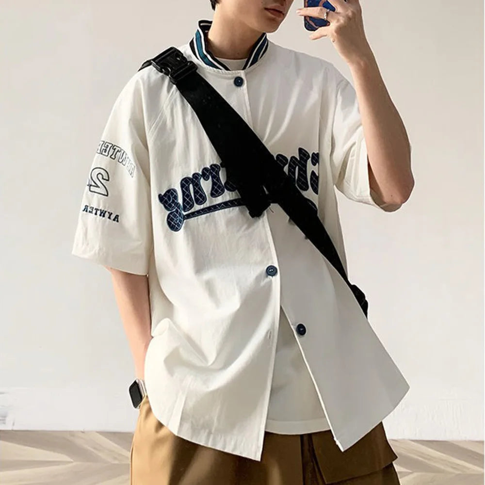 HEARUJOY  -  Men Baseball Shirt Alphabet Number Printed Casual Shirt Summer Streetwear Fashion All-Match Short Sleeve Top Men'S Clothing 2025