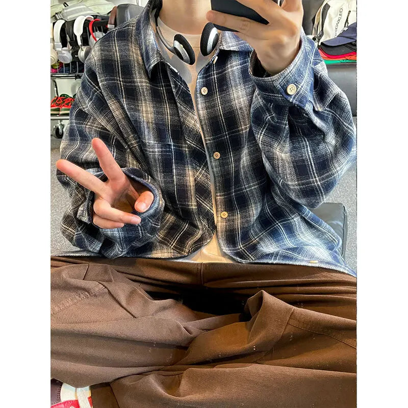 HEARUJOY  -  5XL Long Sleeved Shirt Men Oversized Retro Plaid Shirt Men Japanese Streetwear Loose Casual Shirt Mens Vintage Shirts Plus Size