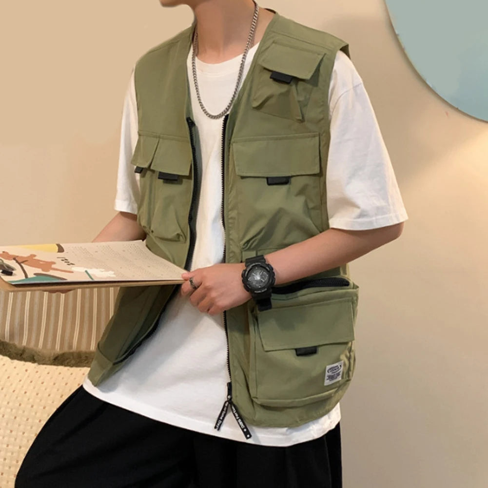 HEARUJOY  -  Beach Holiday Green Men Cargo Vest Multi-pocket Sleeveless Vest Loose Fit Waistcoat Good For Vacation Polyester Fabric