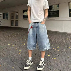 HEARUJOY  -  Hip Hop Retro Waist Inverted Design Men Denim Shorts Instagram Gothic Street Apparel Loose Straight Leg Pants Sports Pants