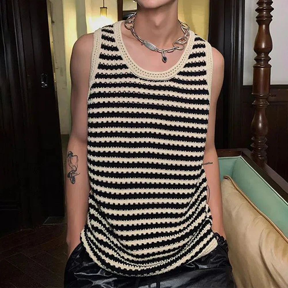 Hearujoy Striped Knitted Summer Tanks Tops Men's O-Neck Korean Knitwear Shirts Sleeveless Streetwear Loose Top Vintage Cropped Sexy