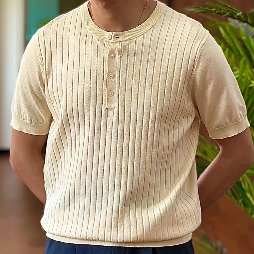 HEARUJOY  -  Cotton Blend Breathable Comfortable Trendy Knitted T Shirt Homme Top Quality T-Shirt Man Henry Neck Short Sleeved T-shirt Man