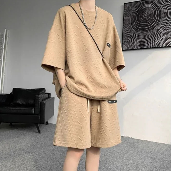 HEARUJOY  -  Jacquard Man Sets Tracksuit Sweatsuit Sweatshirts Original Brands Essential Polyester Slim Fit Tee T-shirts Shorts Suits for Men