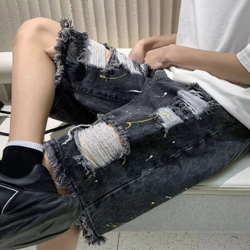 HEARUJOY  -  Loose Wide Ripped Bermuda Big Size with Pockets Half Long Baggy Oversize Short Jeans Pants for Men Man Denim Shorts Popular Emo