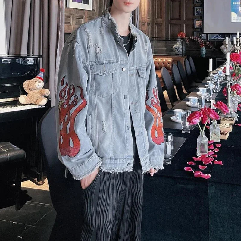 Hearujoy High Street Cleanfit Ripped Flame Embroidery Hole Washed Blue Denim Jackets Men and Women Vintage Frayed Baggy Jeans Coat