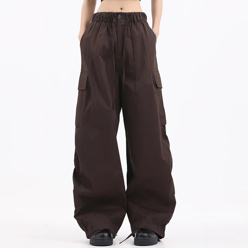 Hearujoy Large Pocket Men's Wide Leg Pants Casual Pleated Drawstring Solid Color Male Cargo Trousers Trendy Spring 9C4195