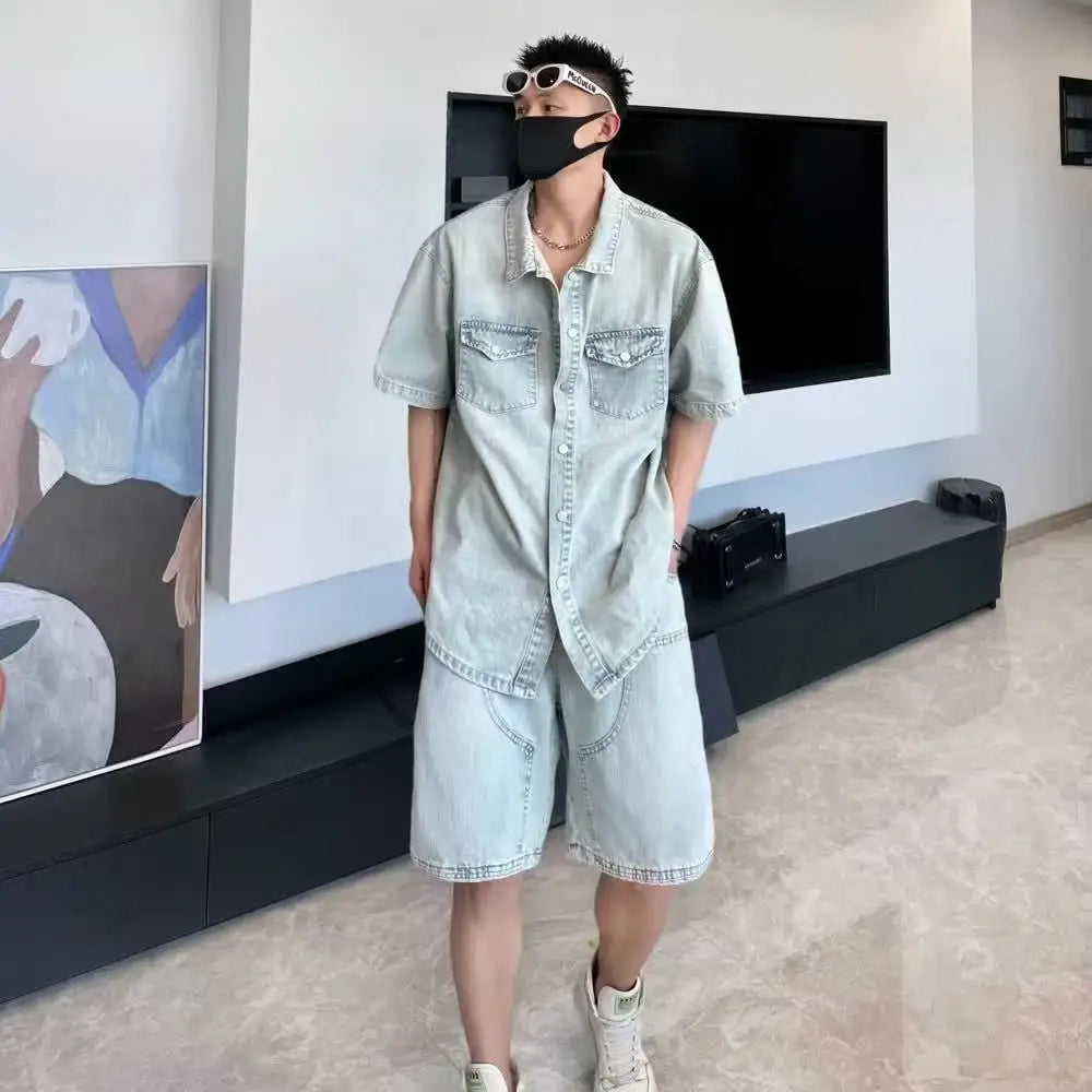 HEARUJOY  -  Casual Summer Short Sleeve Denim Shirts & Shorts Men's Sets Sreetwear Cotton Top Tee-Shirt Jean & Pant Two Piece Clothing