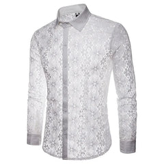 HEARUJOY  -  Shirts Sexy Lace Hollow Out Cardigan Turn Down Collar Men Single Breasted Shirt Long Sleeve High Street Button New Summer